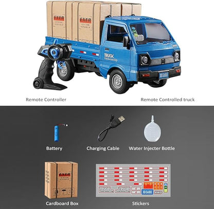 GoolRC Remote Control Car Kei Truck 1:16 Scale RC Transport Pickup Truck with Spray and Light 2.4GHz All Terrain RC Cars for Teens and Adults Christmas or Birthday Gift (Blue)
