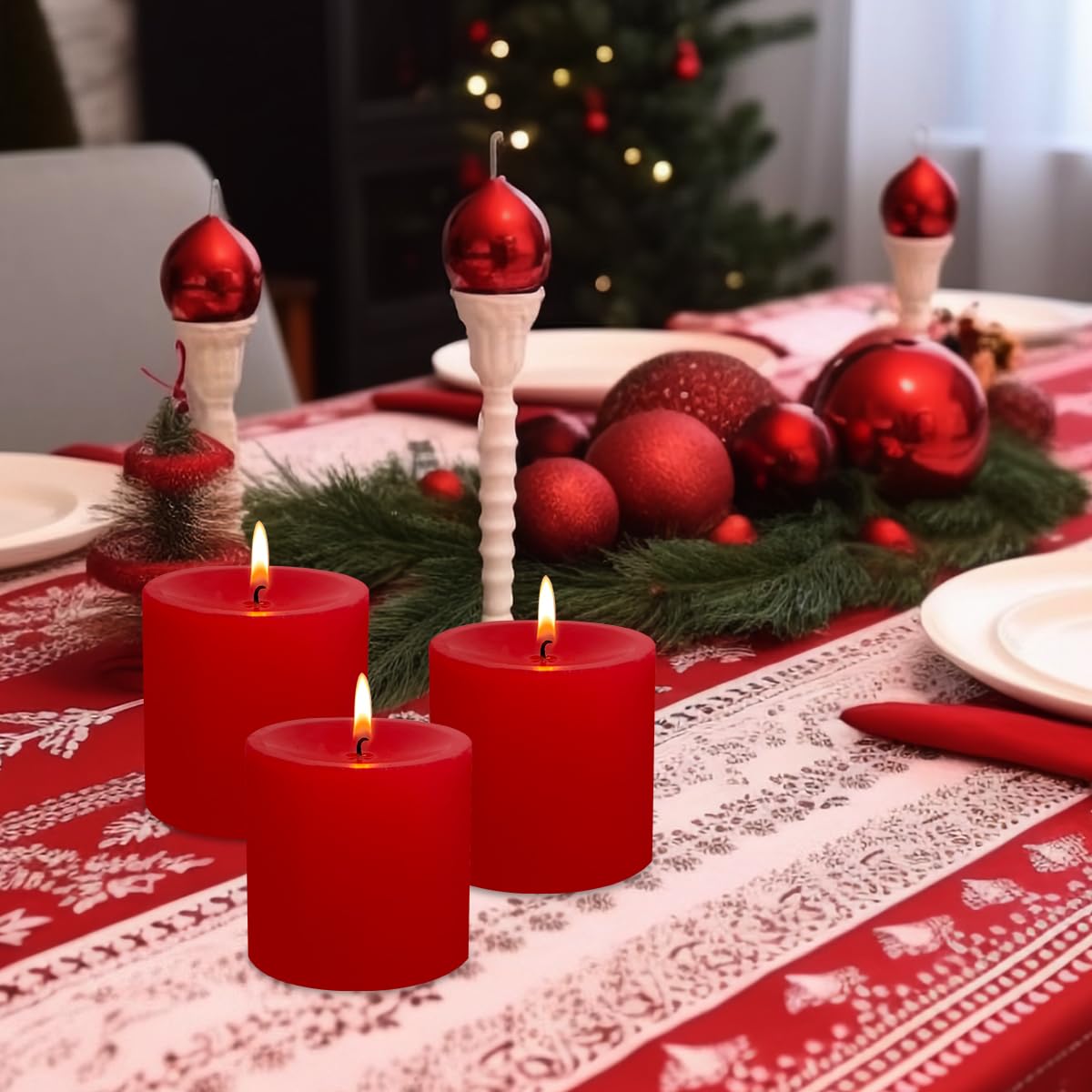3" x 3" Hand-Poured Unscented Red Candle, Dripless Pillar Candle Set of 3, Long Clean Burning, Approx 40 Hours Burn Time, Rustic Country Style, Christmas, Wedding, Dinner and Home Decor
