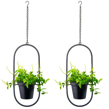 HemePaha Modern Metal Hanging Planters with 5 Inch Pots - Set of 2 Oval Geometric Plant Hangers - Black Wall and Ceiling Mount Flower Holders for Indoor and Covered Outdoor Houseplants