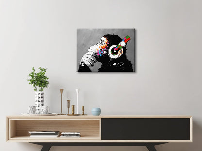 Wieco Art Black Framed Monkey With Headphones Banksy Graffiti Art Abstract Canvas Paintings Prints Animal Canvas Wall Art for Wall Decor and Home decorations Office Decor