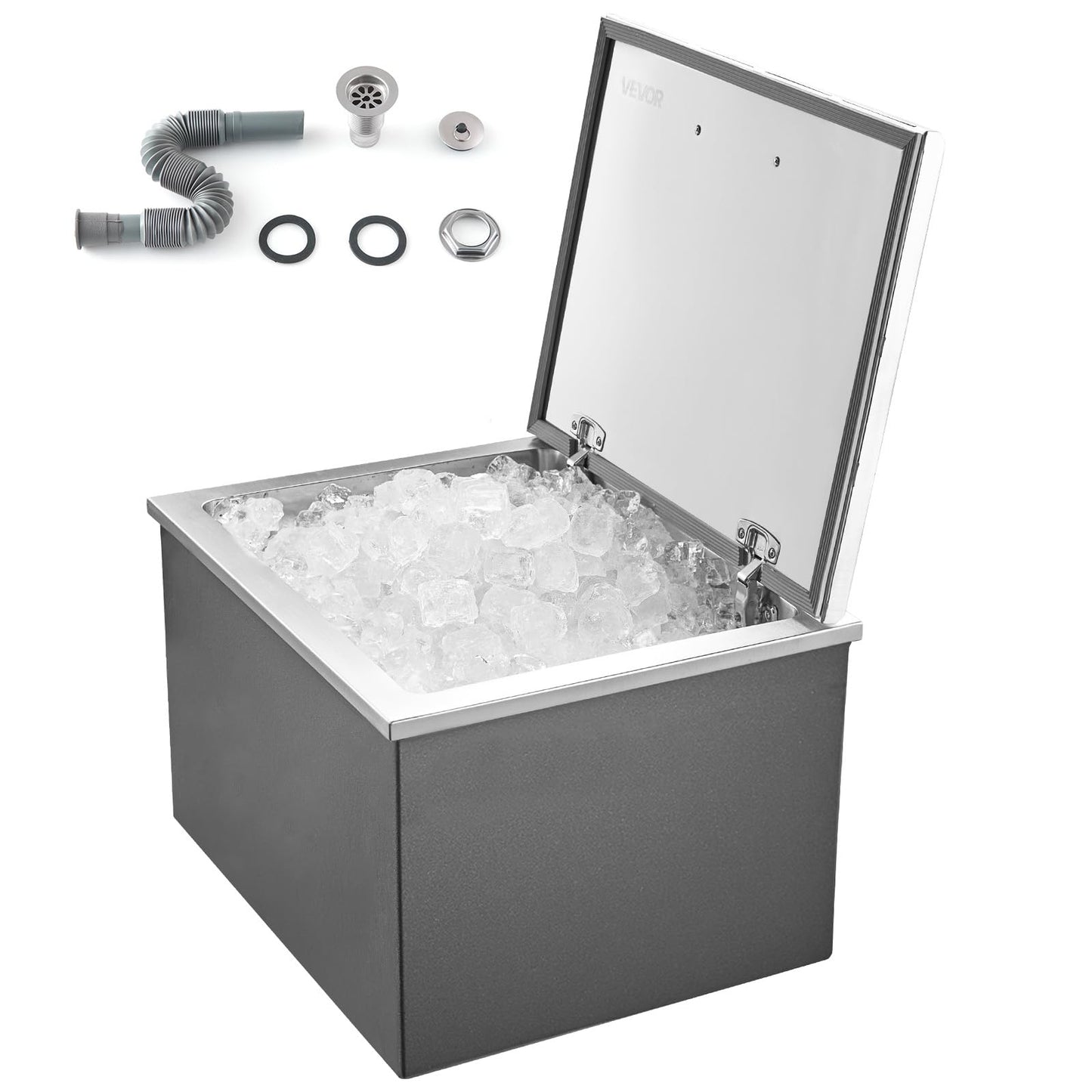 VEVOR Drop in Ice Chest, 20" L x 16" W x 13" H Stainless Steel Drop in Cooler, 44.7 Quart Commercial Ice Bin with Flip Lid for Outdoor Kitchen Patio Bar, Drain-Pipe Set Included, for Cold Wine Beer