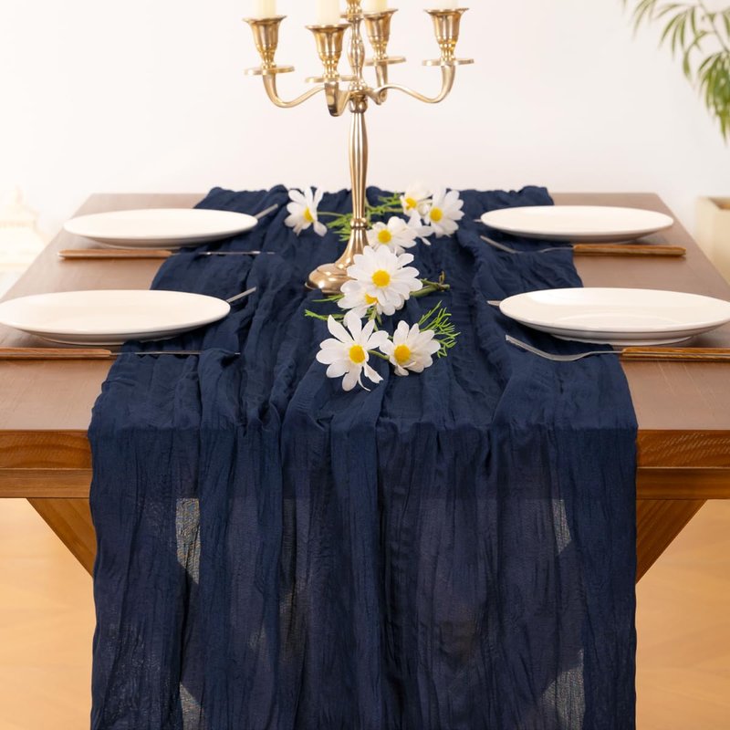 Socomi 6pcs Navy Blue Summer Cheesecloth Table Runner Boho Rustic Gauze 120 inch 10FT Cheese Cloth Sheer Runner for Wedding Party Baby Shower Birthday Home Decor Holiday Decorations
