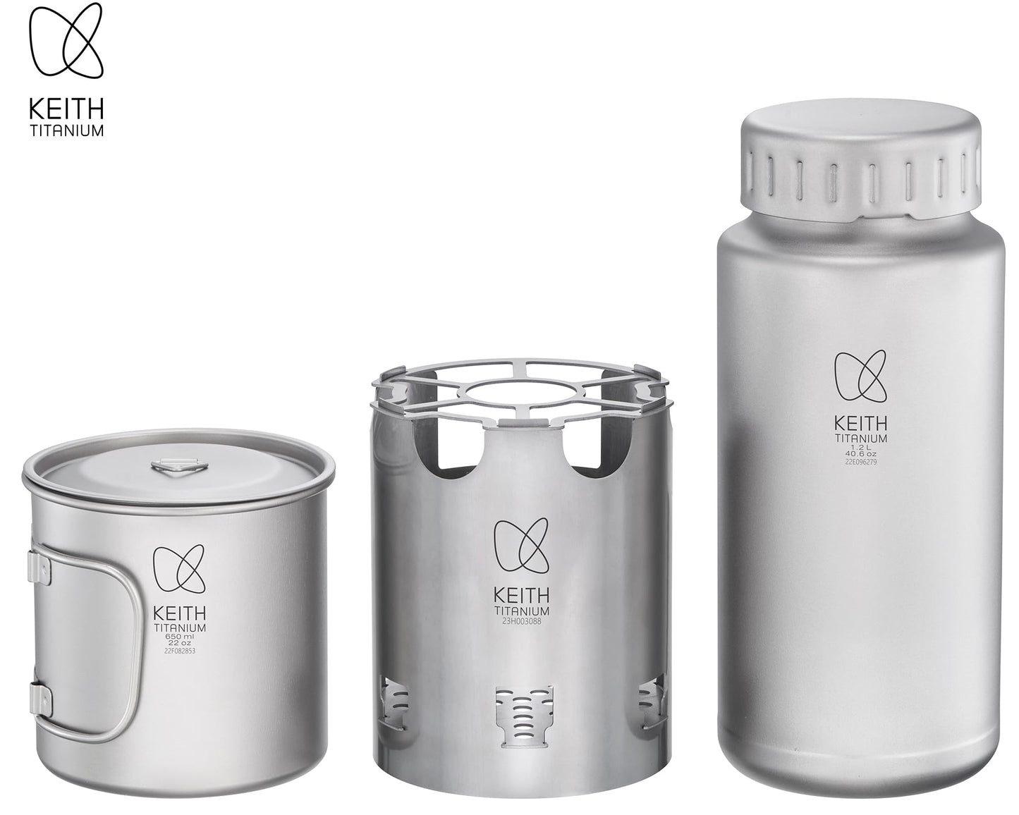 Keith Titanium Ti3070 Nesting Camp Set - Ultralight Plastic-Free Titanium Bottle, Mug & Wood Stove with Canvas Carry Bag - Durable, Portable, and Eco-Friendly for Camping, Hiking & Outdoor Adventures