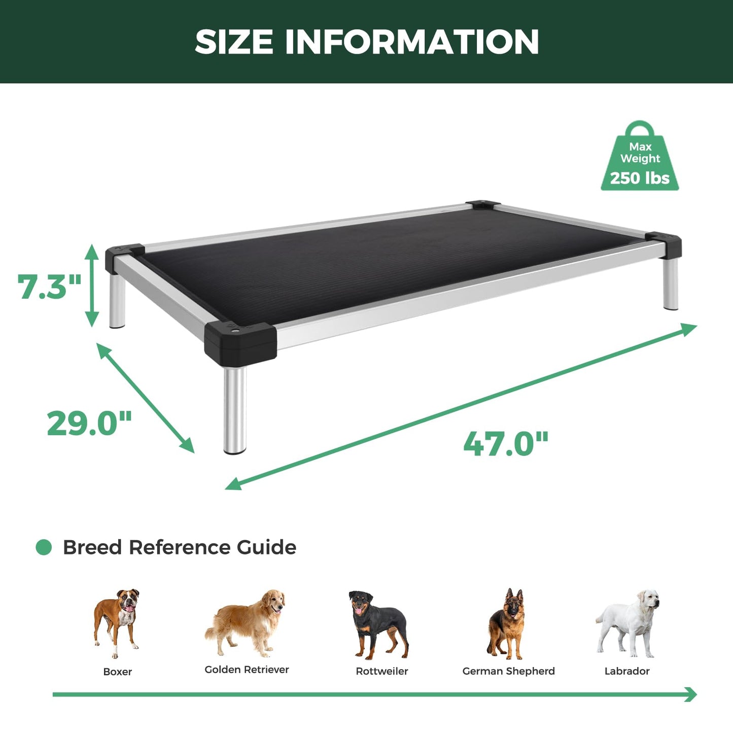 FXW TitanNest Chew-Proof Elevated Dog Bed, Raised Cot for Indoor/Outdoor/Camping Use, Durable & Washable Padded Pet Bed for Large Dogs, 47.0" L x 29.0" W x 7.3" H, Black