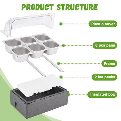 Tragaomx Insulated Cold Food Buffet Ice Serving Tray with Lid Insulation Box 6 Pans 2 Ice Packs Cooled Condiment Serving Container Ice Platter Food Cooler For Parties Buffets Fruit