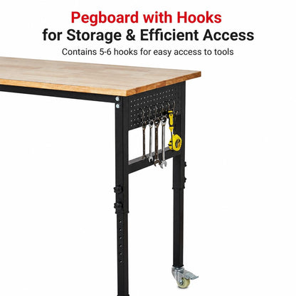 48" Height Adjustable Workbench, 2000 LBS Load Capacity Rubber Wood Top, Heavy Duty Workstation with Wheels, Hardwood Work Table for Garage Workshop Home Repair