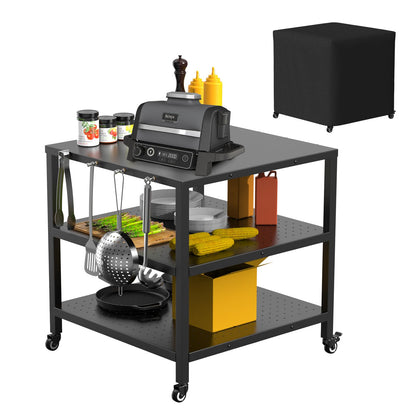 31x31x33 Inch Grill Cart for Outdoor Pizza Oven Table for Ooni, Blackstone, Ninja Grill Stand, Three-Shelf Movable Food Prep and Work Cart Station, Stainless Steel Trolley Table with Waterproof Cover