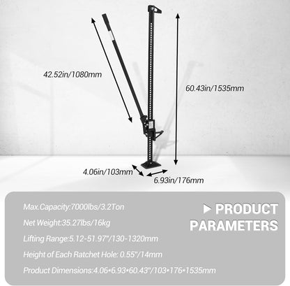 3 Ton Heavy-Duty Farm Jack, 7000 LBS Ratchet High Lift with f-Arm & j-Arm, 5.12"-52" Lift Range for Tractors, Trucks, SUVs, Off-Road & Farm Use,60", Black