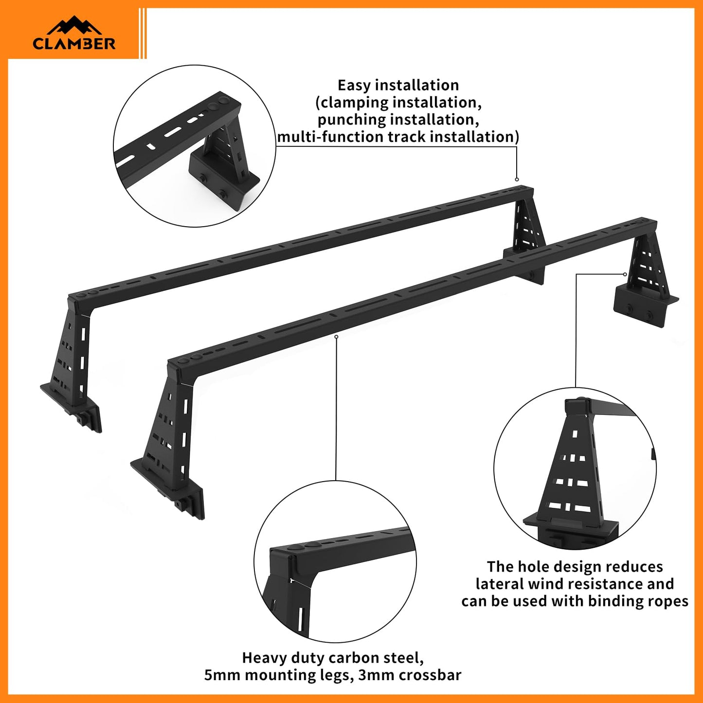 CLAMBER Cross Bar for Full-Size Pickup Truck, Adjustable Ladder Racks Overland Bed Bars Bed Racks Compatible with Ford F-Series, Silverado, Sierra, Ram, Titan & XD, Tundra