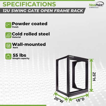 NavePoint 12U Server Rack with Swing Gate - Wall Mount Rack for 19 Inch IT Equipment Open Frame Rack – Network Rack Wall Mount for AV & Server Equipment 18” Deep Rack, Black