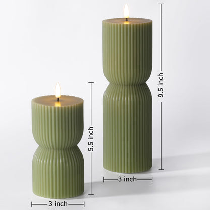 Girimax Olive Green Ribbed Flameless Pillar Candles with Remote, LED Candles Battery Operated Flickering Real Wax Set of 2