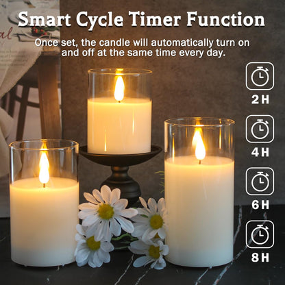 LEDHOLYT Rechargeable Flameless Glass Pillar Candles–Gifts for Women,–Set of 3, Realistic Flickering LED Light,Remote & Timer, Ideal for Living Room, Bedroom & Festival Wedding Home Party Decor