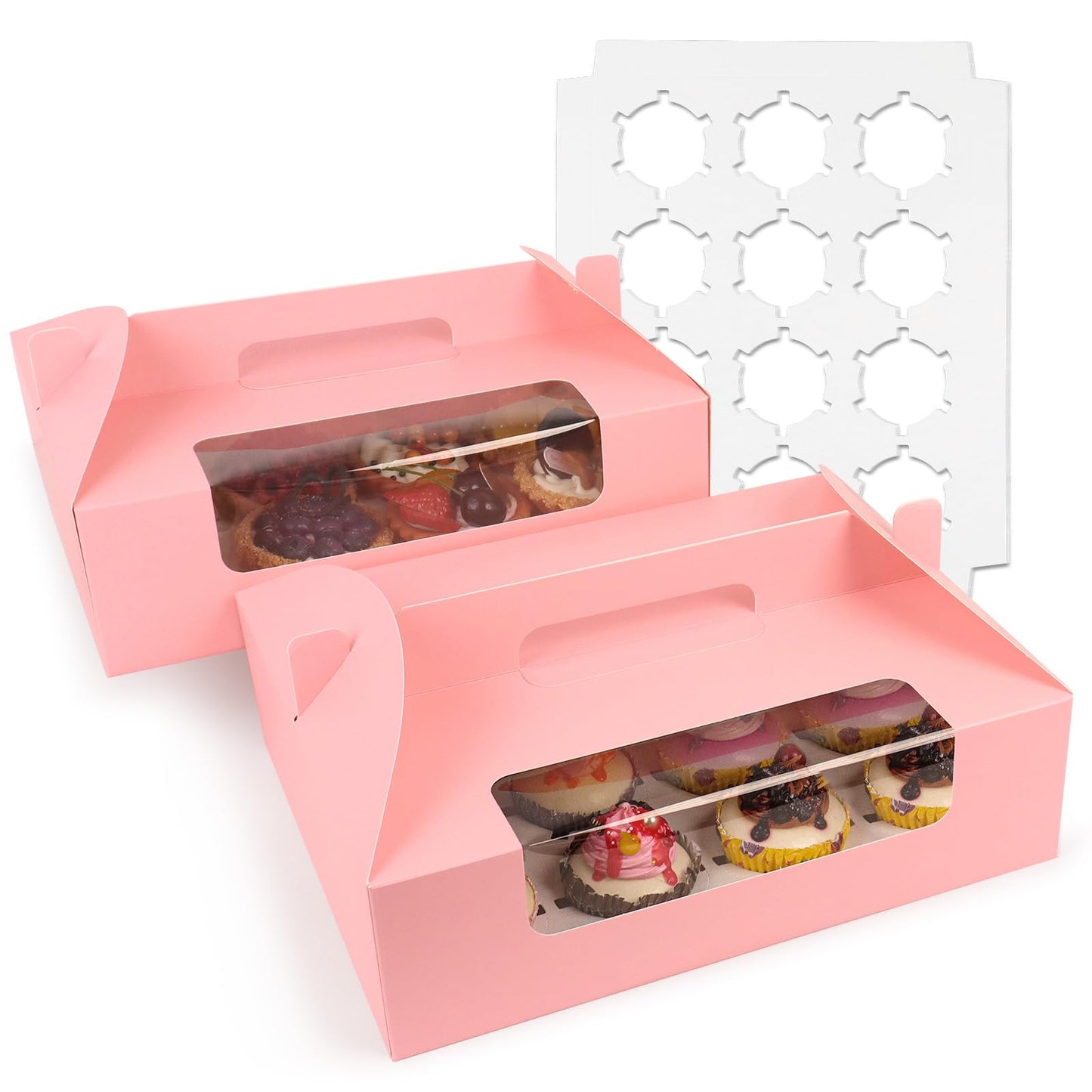 FORBFAN 30 Pcs Cupcake Boxes, 12 Count Muffin Boxes with Handle, Window, and Inserts, Pink Cupcake Holders Bakery Carrier Boxes for Cookies Treats Dessert