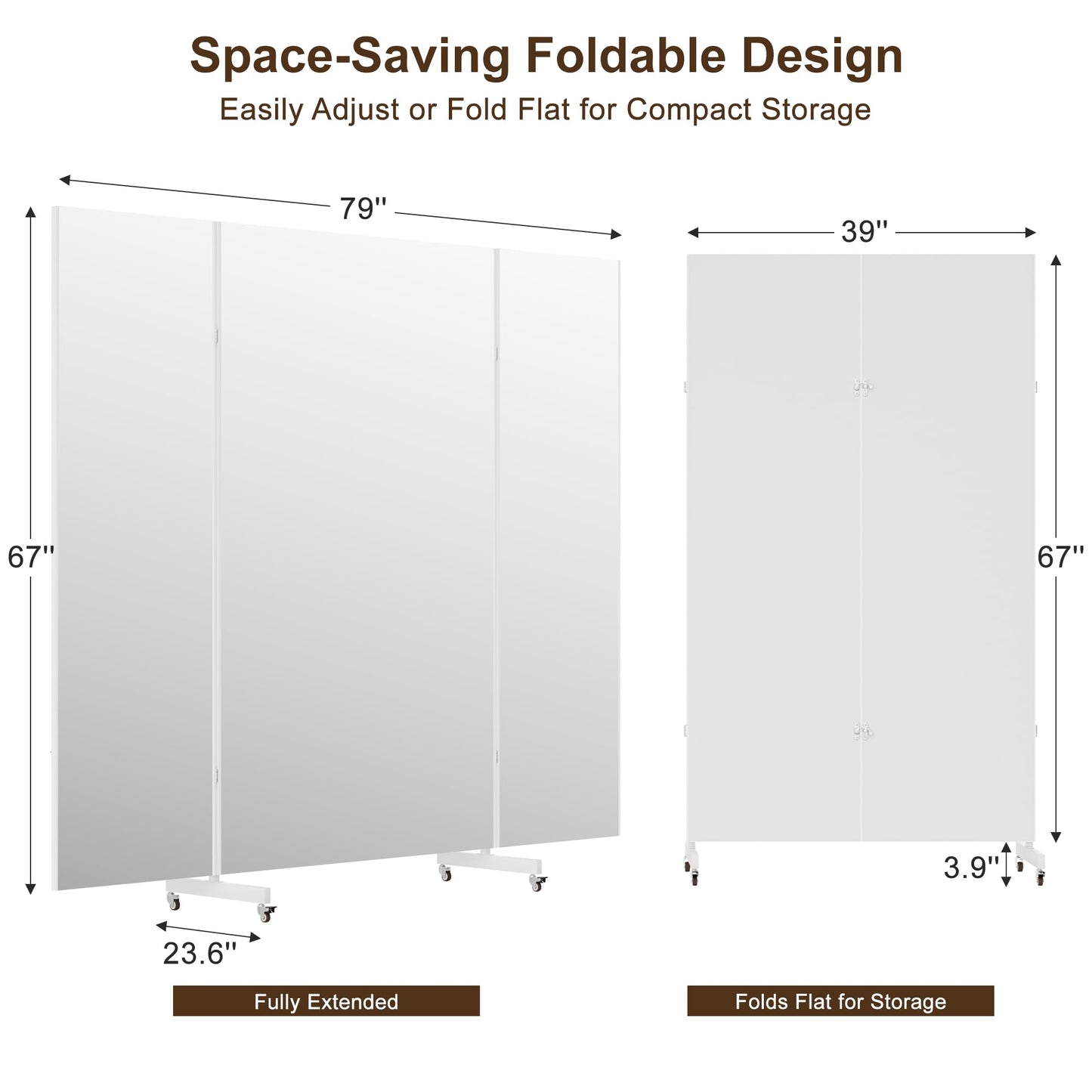 Full Length Stand Up Mirror on Wheels,79''×67'',Large Tri-Fold Floor Mirror with Stand,Movable 3-Way Full Length Standing Mirror for Gym, Dance Studio, Fitness Room, and Home (Whtie)
