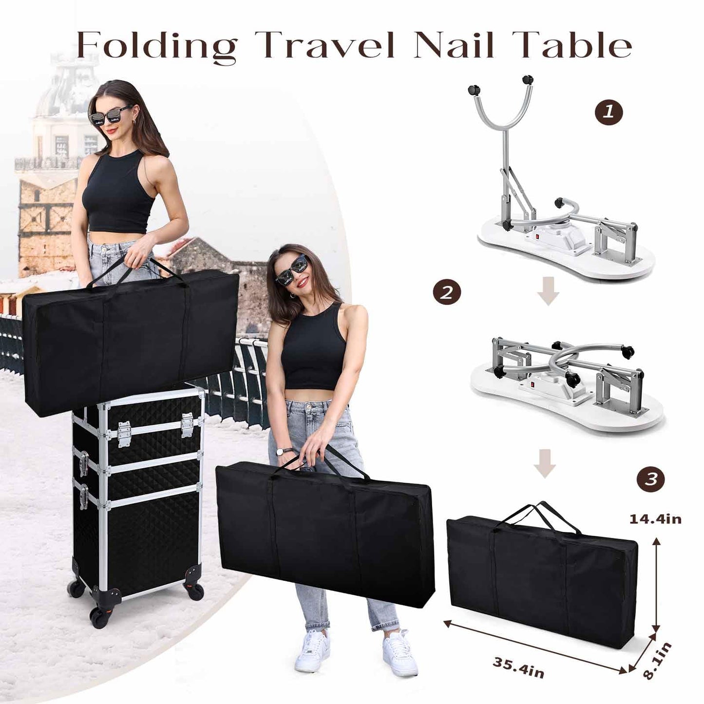 Faquenc Nail Desk with Nail Dust Collector,Portable Nail Table Rolling Manicure Table Nail Tech Travel Nail Station Professional Folding Nail Salon Table with Cacuum,Arm Rest,Lockable Wheels,Bag,White