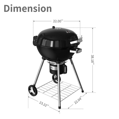 22.5-Inch Portable Charcoal Grill, Heavy Duty Kettle BBQ Smoker with Built-in Thermometer & Removable Water-Rinsable Ash Catcher for Outdoor Camping, Patio, Backyard, and Tailgating