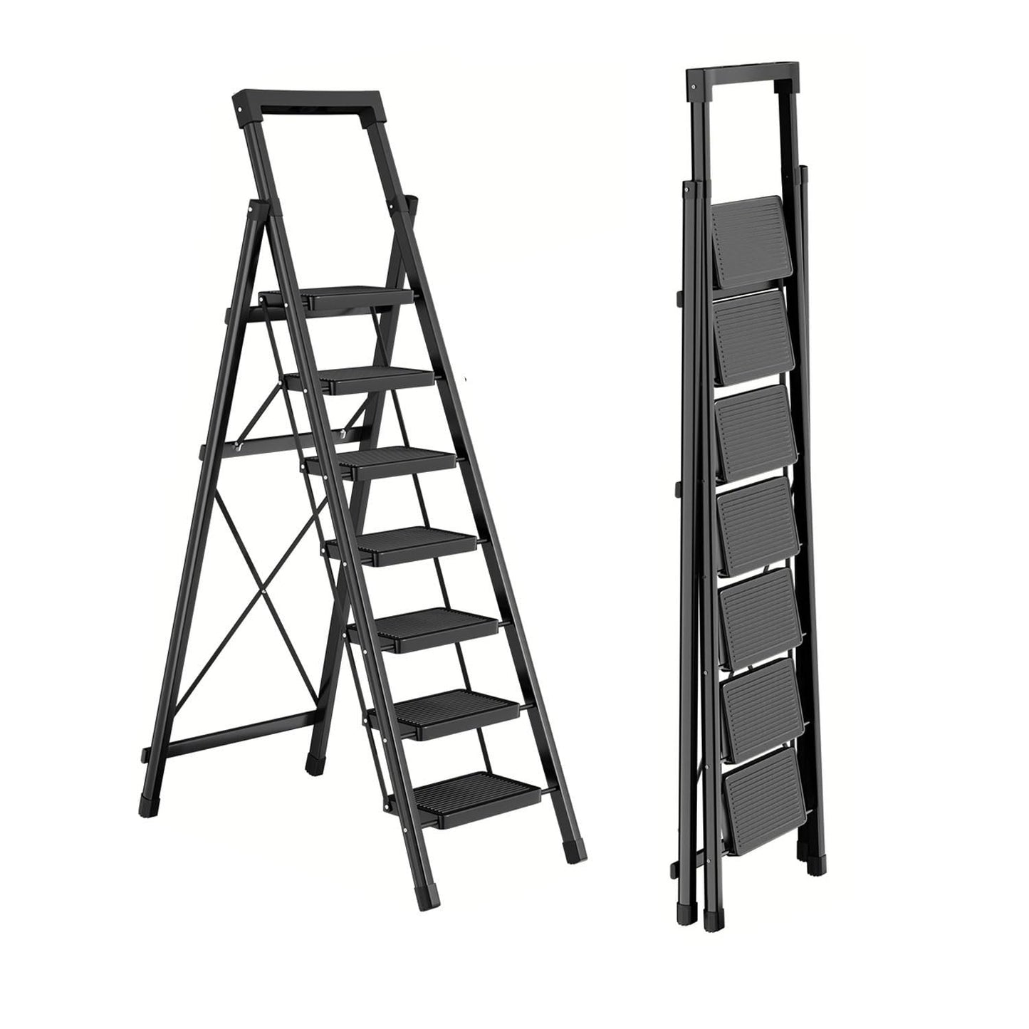 7 Step Ladder with Platform, Folding Step Stool Heavy Duty, Portable Step Ladders with Anti-Slip Widen Pedals, Handrail, Safe-Lock Design, Tall Kitchen/Closet Step Ladder for Adults,Carbon Steel