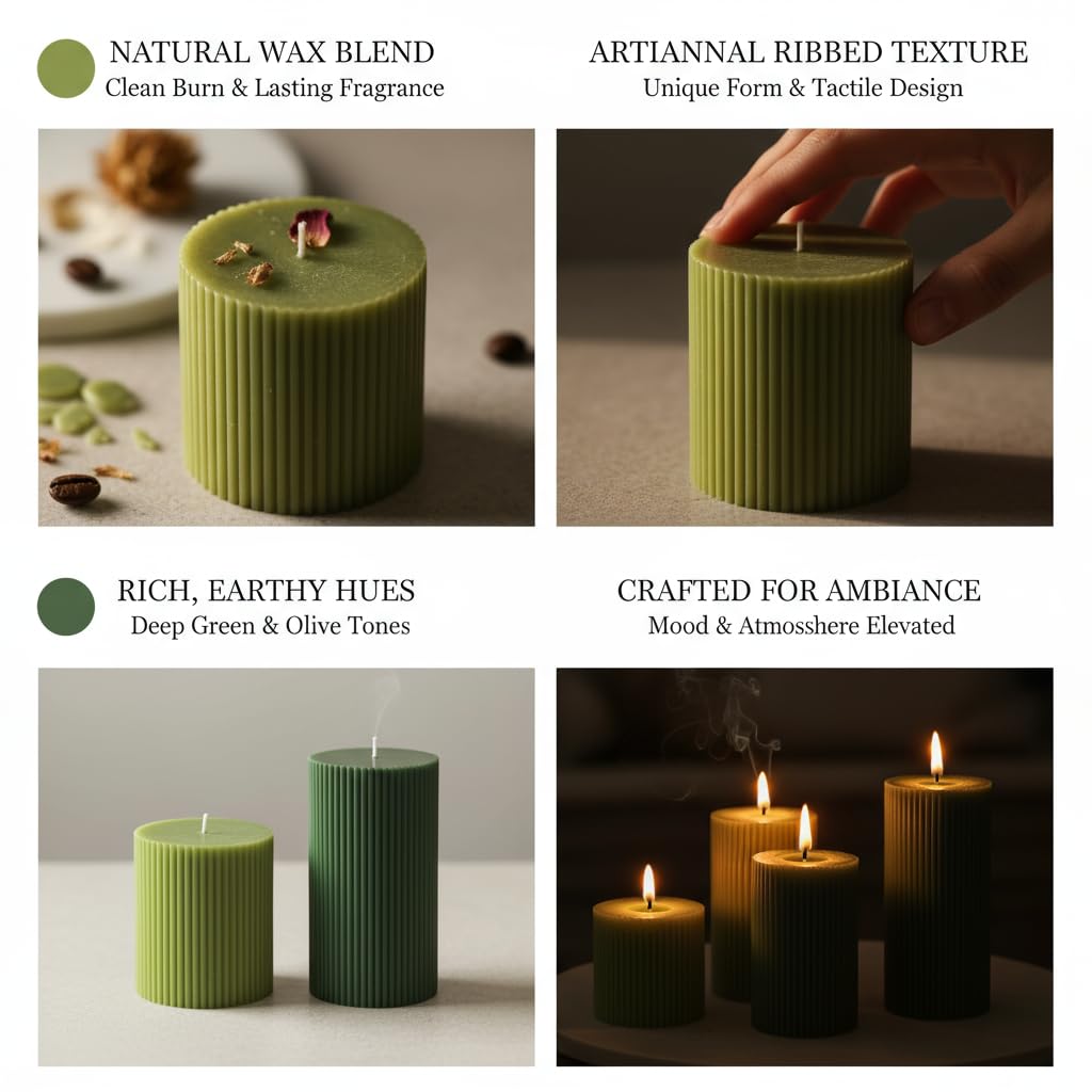 SRCVYLT Ribbed Pillar Candle Set of 4, Width 3" High 3" 4" 5" 6" Large Mixed Soy Wax Scented Pillar Candles Sage Green Ribbed Roman Column Aesthetic for Home Decor Bathroom