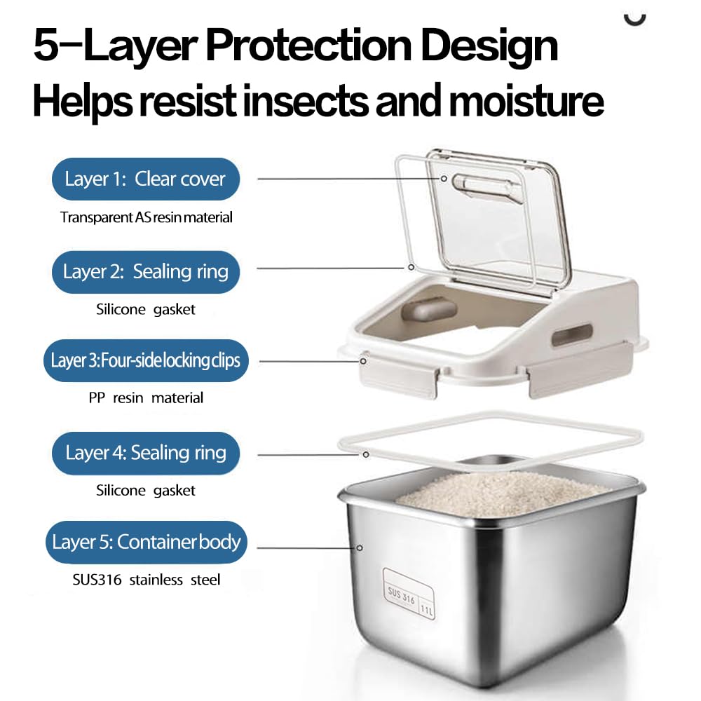 Premium 316 Stainless Steel Airtight Rice Storage Container, Modern Kitchen Organizer,grain bin, 27lb/11L Locking Lid Bin with Silicone Seal -Rice, Flour, Beans & Pet Food Dispenser (Matte Silver)
