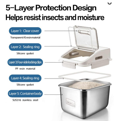 Premium 316 Stainless Steel Airtight Rice Storage Container, Modern Kitchen Organizer,grain bin, 27lb/11L Locking Lid Bin with Silicone Seal -Rice, Flour, Beans & Pet Food Dispenser (Matte Silver)