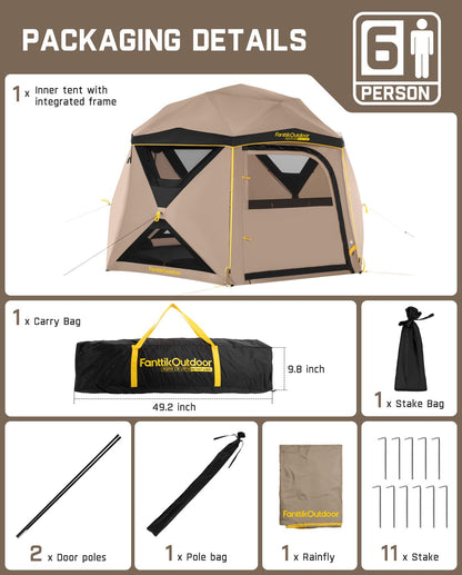 FanttikOutdoor Alpha C6 Ultra Instant Cabin Tent 6 Person Pop Up Camping Tent Setup in 60 Seconds Portable with Rainfly & Windproof for Outdoor Camping & Overlanding Khaki