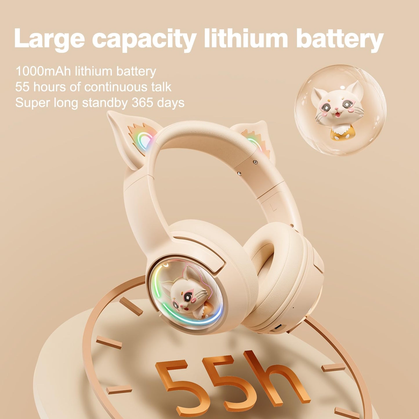 PHNIXGAM Cat Bluetooth Headphones, Wireless Headset with Mic, RGB LED Light Compatible with Mobile Phones PC Tablet, with 3.5mm Wired Mode for Audio Only, Beige