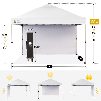 CROWN SHADES Pop Up Canopy with 1 Side Wall - Beach Tent with One Push Setup - Outdoor Sun Shade for Events, Parties, Camping - Gazebo with STO-N-Go Cover Bag, Grid White, 8x8FT