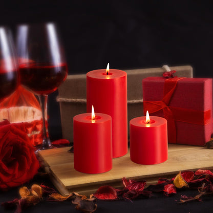 KONNI Red Pillar Candles Set of 3, 3"x 4" Unscented Pillar Candles Bulk, 39 Hours Long Burning Candles, Smokeless and Dripless Large Round Candle for Wedding, Home Decoration, Parties, Spas, Dinner