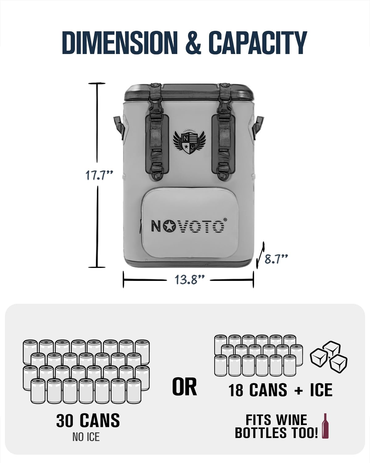 Novoto Magnetic Backpack Cooler, 21-Quart Capacity, Blue, Hands-Free Zipperless Design, 2-Inch TPU Foam Insulation, Portable & Sand-Resistant