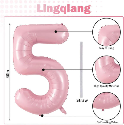 Skiennix Large Light Pink Number 5 Balloon - 40 Inch Self-Inflating Foil Decoration for Birthdays & Anniversaries