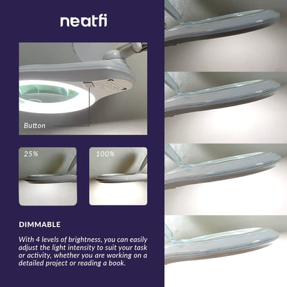 Neatfi LED Bifocal Magnifying Lamp 1,200 Lumens – 5” Glass Lens, Dual Magnification 2.25X/6X, Dimmable | Adjustable Arm with Clamp | Crafting, Jewelry & Reading (5 Diopter + 20 Diopter, White)
