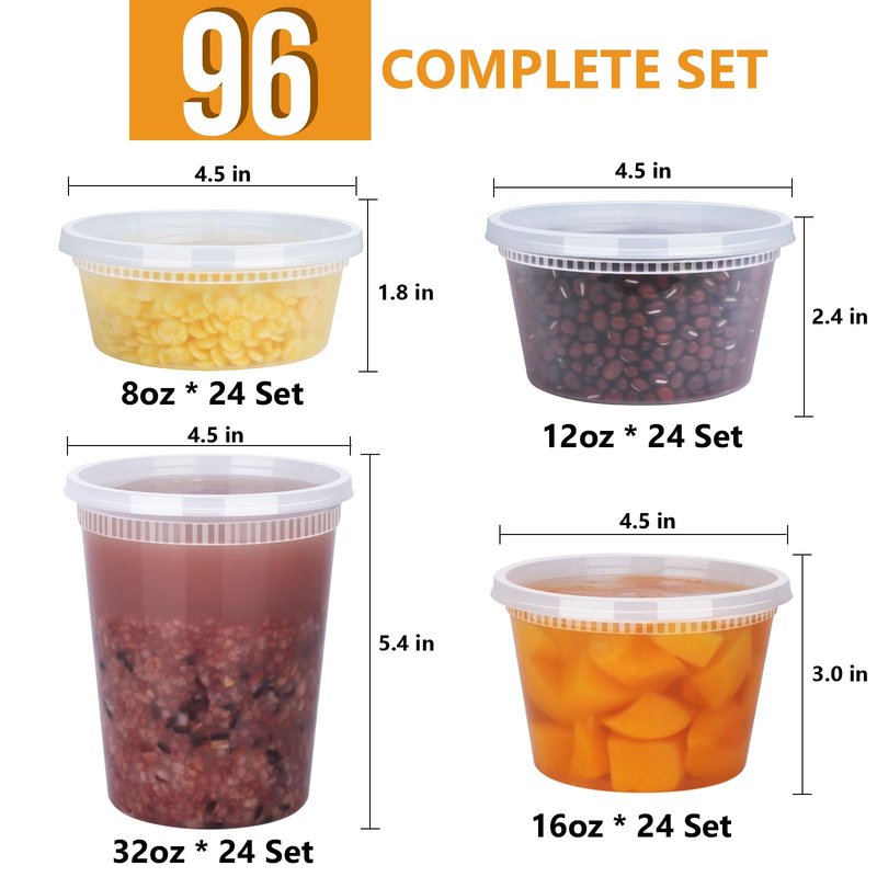 NESCCI 96 Pack (192-Piece) Deli Containers with Lids, 32/16/12/8 oz X 24 Set Each, Leak-Proof & BPA Free Airtight Takeout Plastic Food Storage Containers for Soup, Meal Prep, Microwave/Freezer Safe