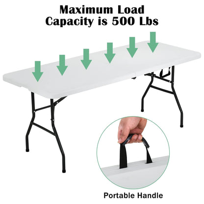 PIKAQTOP Plastic Folding Table 6ft Heavy Duty Foldable Utility Table with Carrying Handle for Camping Picnic BBQ Party Banquet Backyard, 500LBS Capacity, White