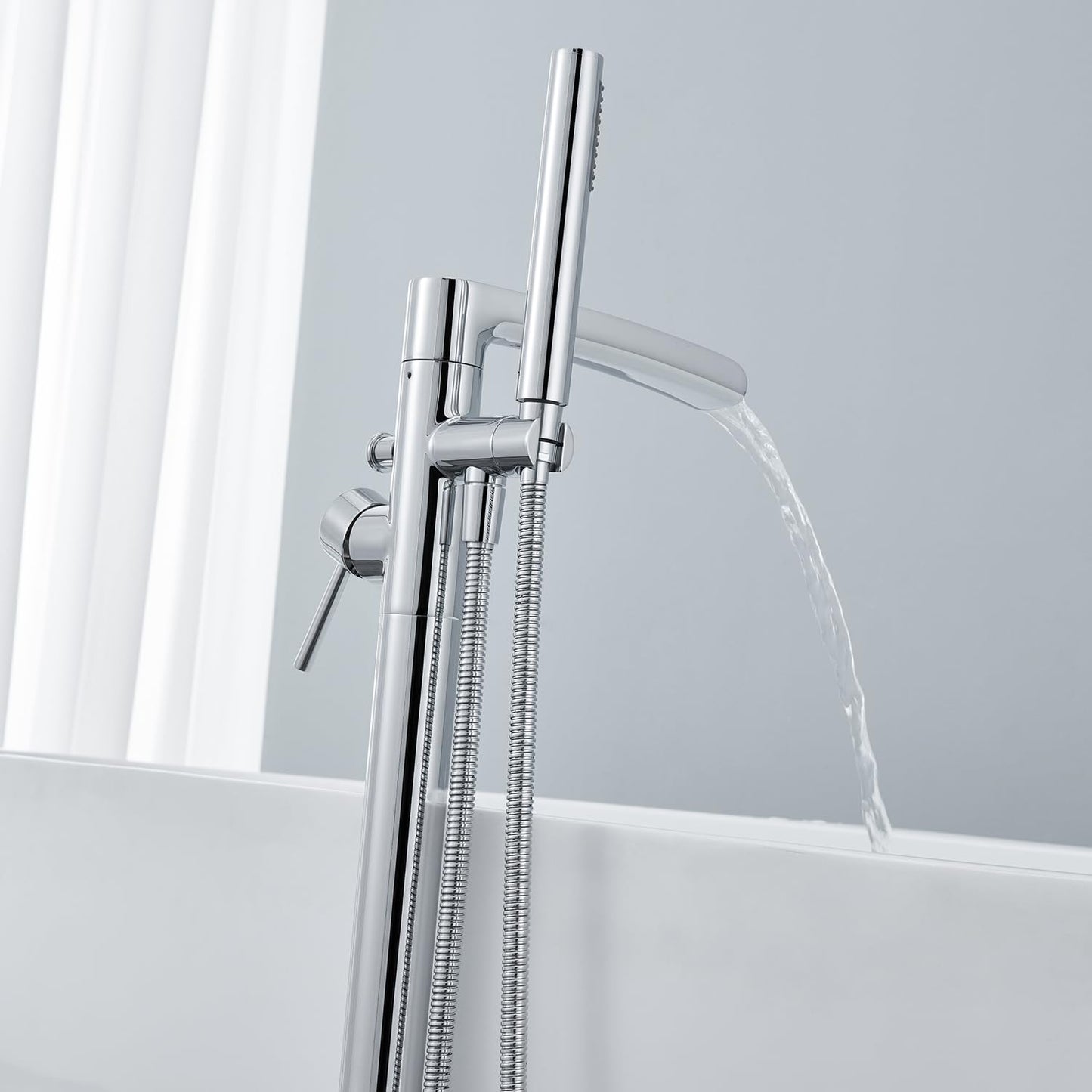 Wowkk Waterfall Freestanding Bathtub Faucet Chrome Floor Mount Tub Filler Brass Single Handle Bathroom Faucets with Hand Shower