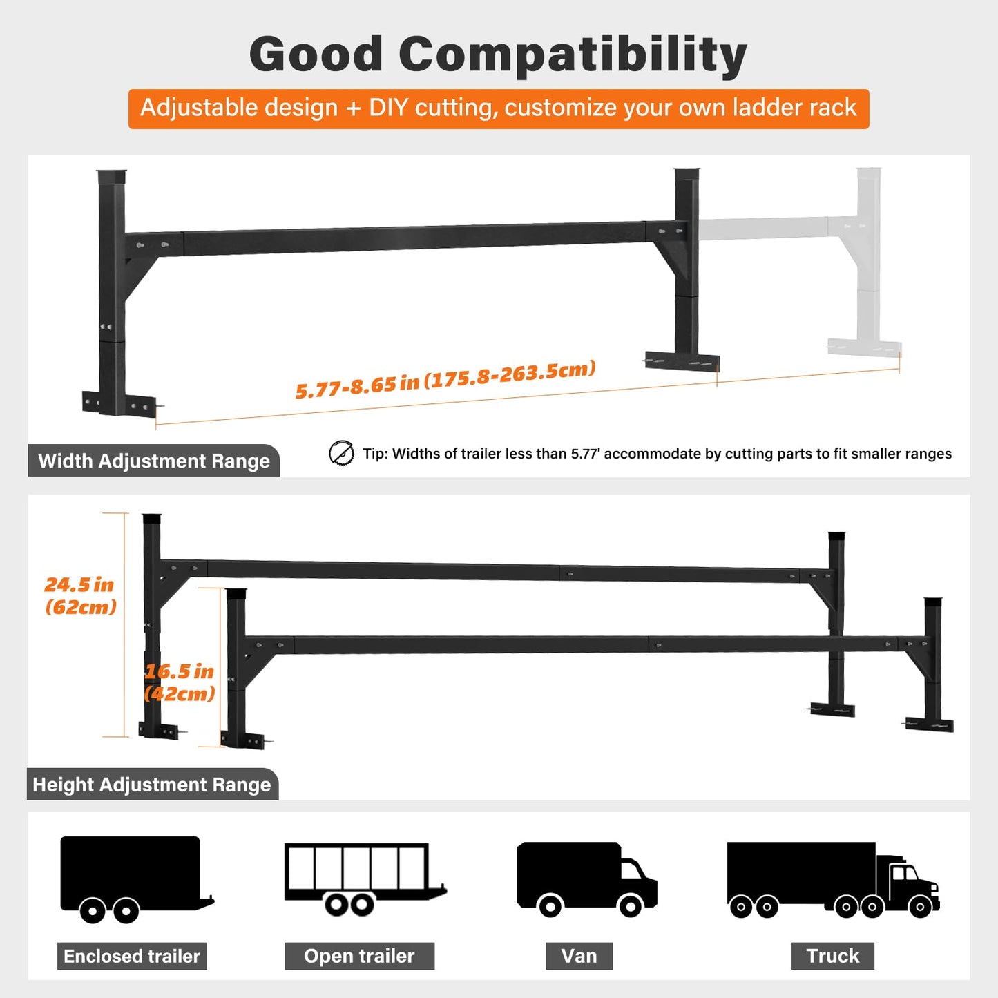 SMOQIO Trailer Ladder Rack Aluminium - 5.77'-8.65' Adjustable with Ladder Stoper, Black, Enclosed & Open Trailer Compatible