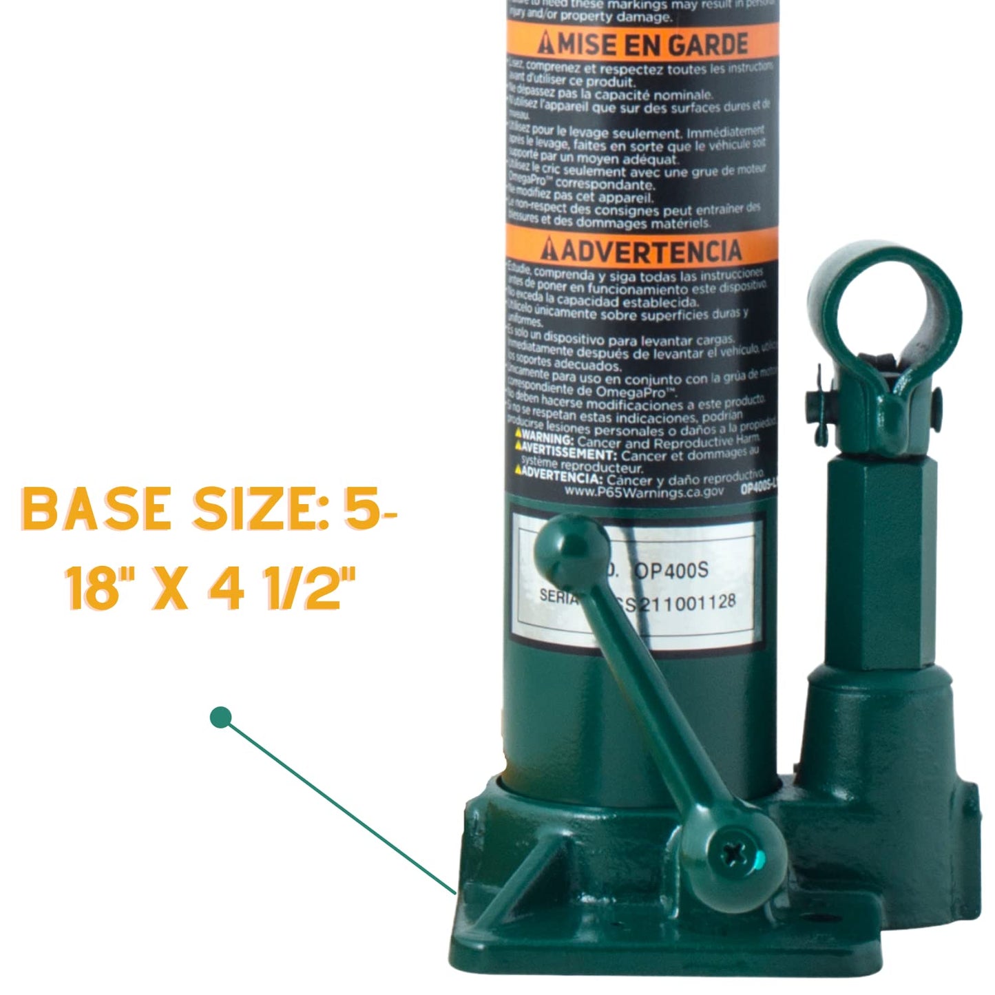 Omega Pro Hydraulic Long Ram Jack - 4 Ton Capacity with Flat Base for Auto Garage Shop, Green (OP400S)