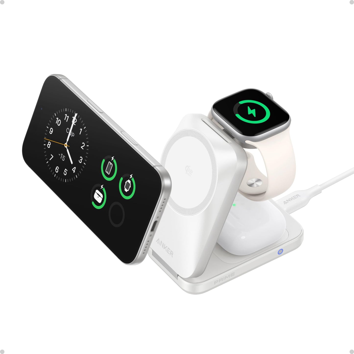Anker Prime Foldable MagSafe Charger, 25W Qi2.2-Certified Palm-Sized Travel-Ready 3-in-1 Charging Station, AirCool Wireless Charger, for iPhone 17, Apple Watch, AirPods (Non-Battery, with Adapter)