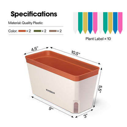 VIVOSUN Self-Watering Planters, 6-Pack 10.5 Inch Compact Rectangular Window Herb Planter Box with 10 PCS Plant Labels, Plant Container for Basil, Flowers, Succulents, Indoor & Outdoor