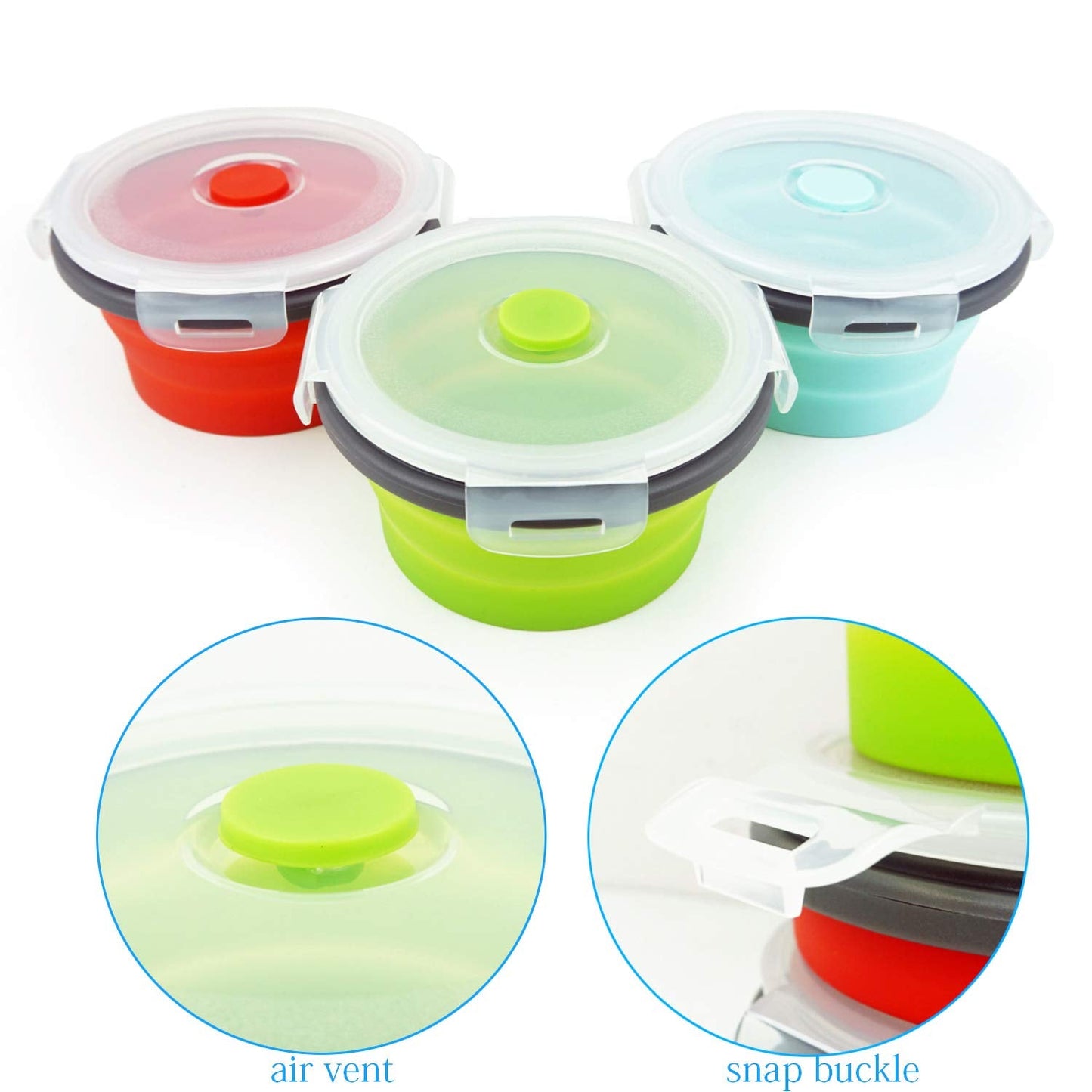 Ecomorning 3Piece Round Collapsible Lunch Container Silicone Food Storage Containers Collapsible Camping Bowl with Airtight Silicone Lids, Microwave, & Freezer Safe, 350ML