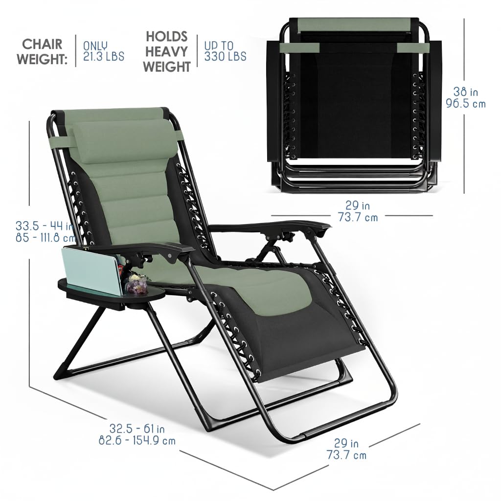 Nestl Outdoor Padded Zero Gravity Chair Set of 2, Patio Lounge Chair Outdoor Recliner, Oversized Anti Gravity Lounger with Adjustable Headrest and Cup Holder, Foldable for Camping- Black/Sage Green