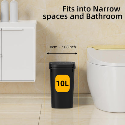 KSSKSS 3 Pack Bathroom Small Trash Can with Lid, 2.6 Gallon Slim Garbage Bin with Pop-Up Lid, 10L Plastic Wastebasket for Bedroom, Office, Kitchen, Toilet (Matte Black)