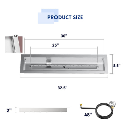 Skyflame 30" Linear Stainless Steel Fire Pit Drop-in Burner Kit with Flame Sensing, Electronic Spark Ignition, and Propane Regulator Hose Set