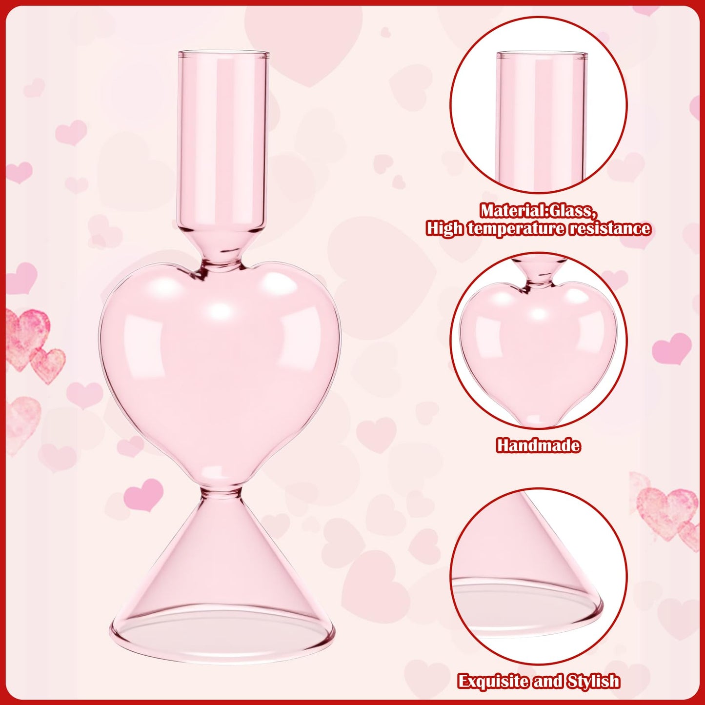 Treela 6 Pcs Valentine's Day Decor Heart Taper Candle Gift Sets 3 Red Unscented Taper Candles 3 Glass Heart Candlestick Holders Valentine Gifts for Wedding Anniversary Bachelorette Party Supplies