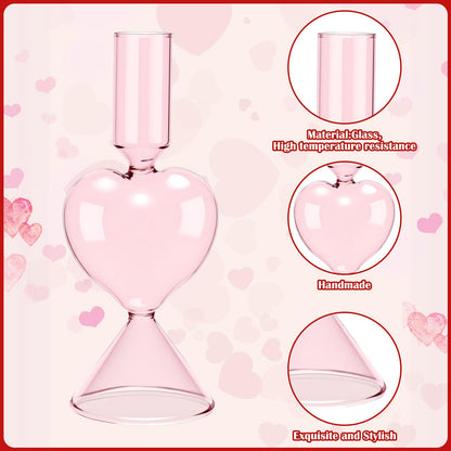 Treela 6 Pcs Valentine's Day Decor Heart Taper Candle Gift Sets 3 Red Unscented Taper Candles 3 Glass Heart Candlestick Holders Valentine Gifts for Wedding Anniversary Bachelorette Party Supplies