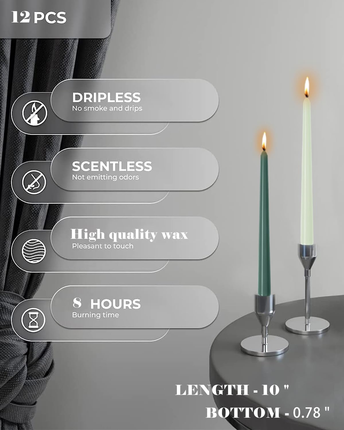 10 Inch Green Taper Candles-Dripless Unscented Spring Tapered Candle Smokeless Candlestick Long Slow Burning 8 Hours Tall Sticks for Christmas Wedding Dinner Parties 12 Pack