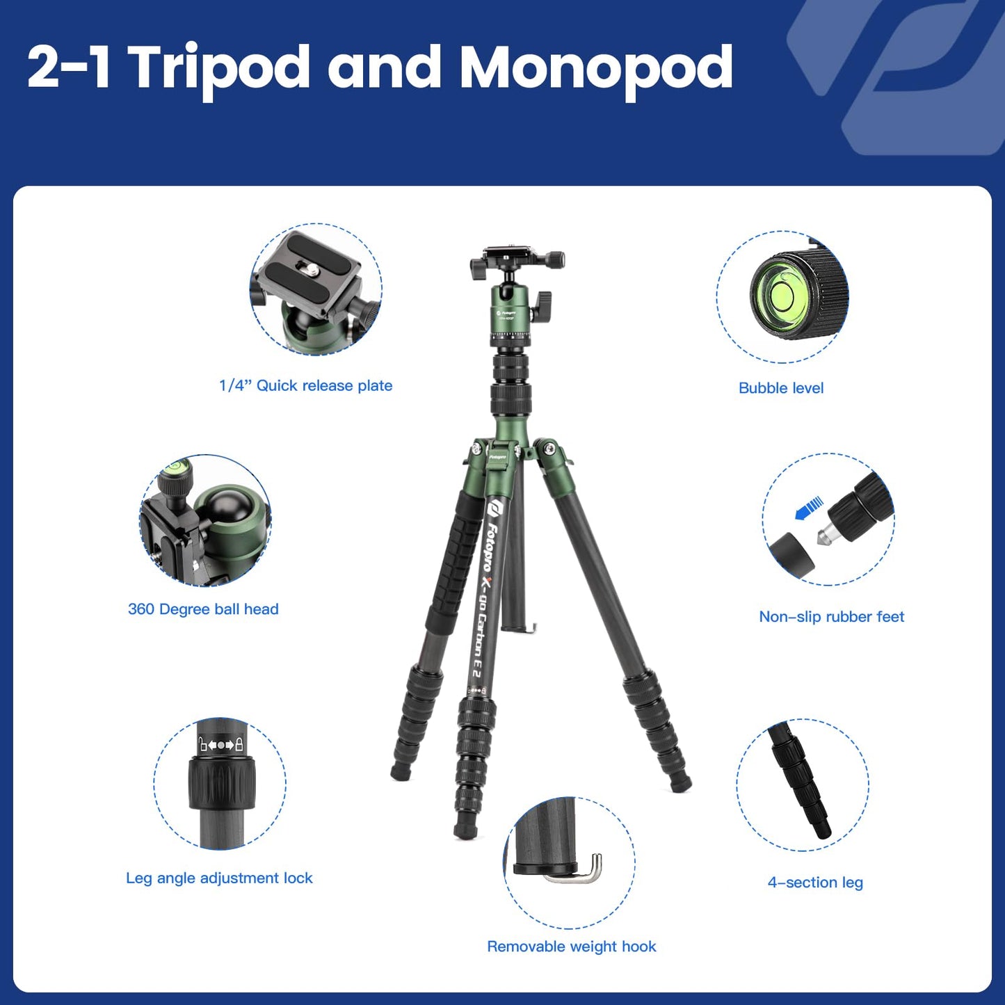 Fotopro 62" Carbon Fiber Travel Tripod, Lightweight Compact Camera Tripod with 360 Degree Ball Head, Detachable Monopod with Arca-Swiss QR Plate and Bag, Load up to 8KG/17.63lbs, Weighs only 2lb
