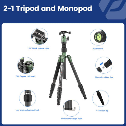 Fotopro 62" Carbon Fiber Travel Tripod, Lightweight Compact Camera Tripod with 360 Degree Ball Head, Detachable Monopod with Arca-Swiss QR Plate and Bag, Load up to 8KG/17.63lbs, Weighs only 2lb
