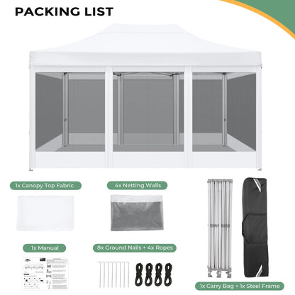 COBIZI 10x15 Heavy Duty Pop Up Canopy with 4 Sidewalls, Commercial Gazebo Party Tent with Mosquito Netting Wall Easy Set Up Outdoor Instant Screen Tent for Backyard, Patio, Garden, White