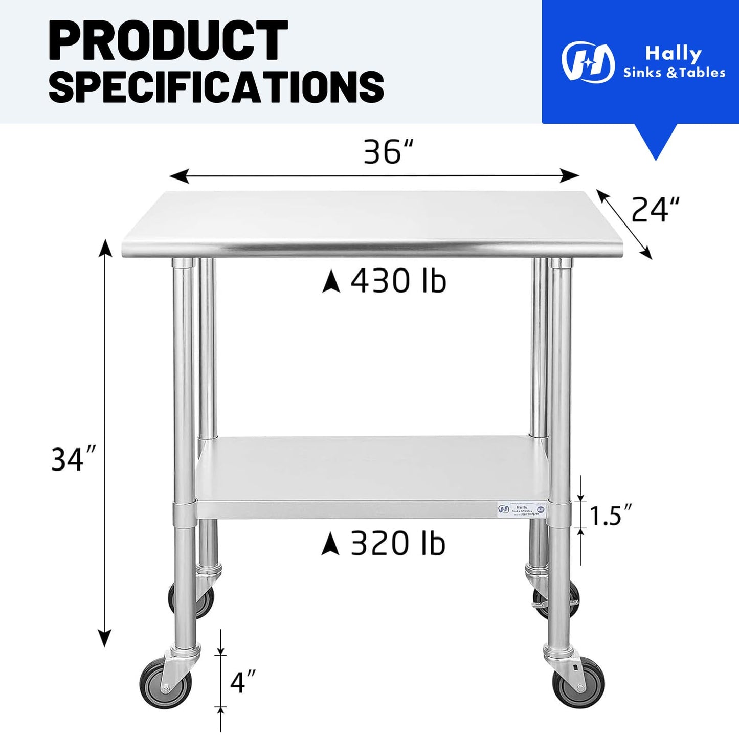 Hally Stainless Steel Table for Prep & Work 24 x 36 Inches with Caster Wheels, NSF Commercial Heavy Duty Table with Undershelf and Galvanized Legs for Restaurant, Home and Hotel