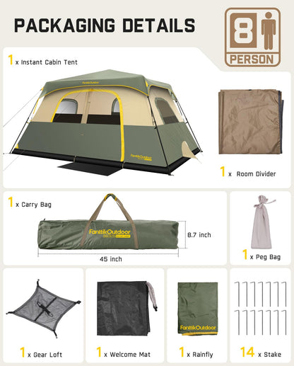 FanttikOutdoor Zeta C8 Pro Camping Tent 8 Person Instant Cabin Tent Setup in 60 Seconds with Rainfly & Windproof Portable with Carry Bag for Family Camping & Hiking, Upgraded Ventilation, Green